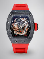 Swiss Replica Richard Mille RM 57-03 Dragon Skeleton Dial, Carbon Fiber Case, Red Rubber Strap Luxury Watch